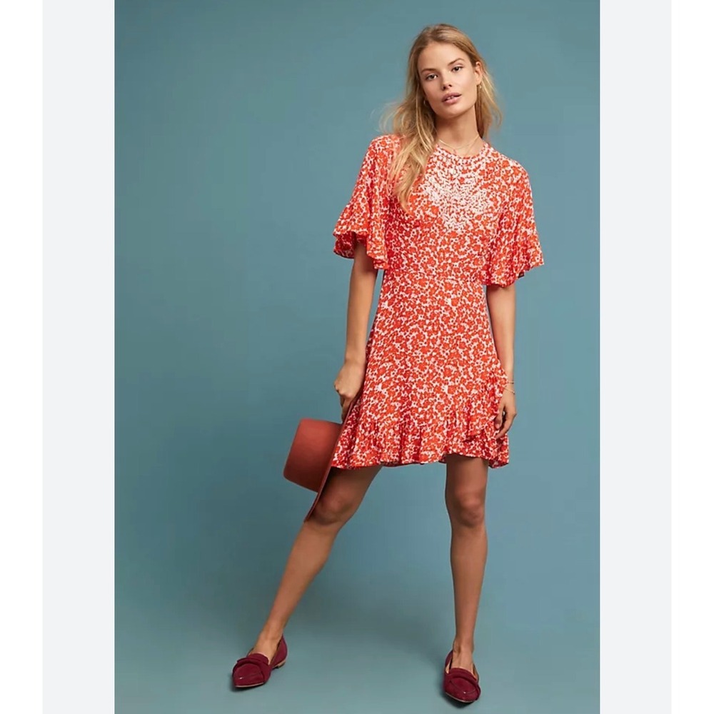 Ranna Gill Anthropologie Orange Floral Midtown Embroidered Dress M Eyelet Boho